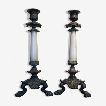 Pair of candle holders in bronze and marble