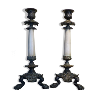 Pair of candle holders in bronze and marble