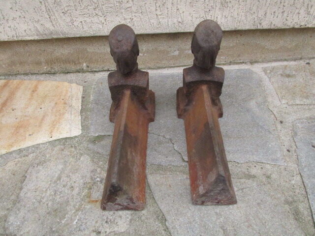Pair of andirons old cast-iron, bust of czar