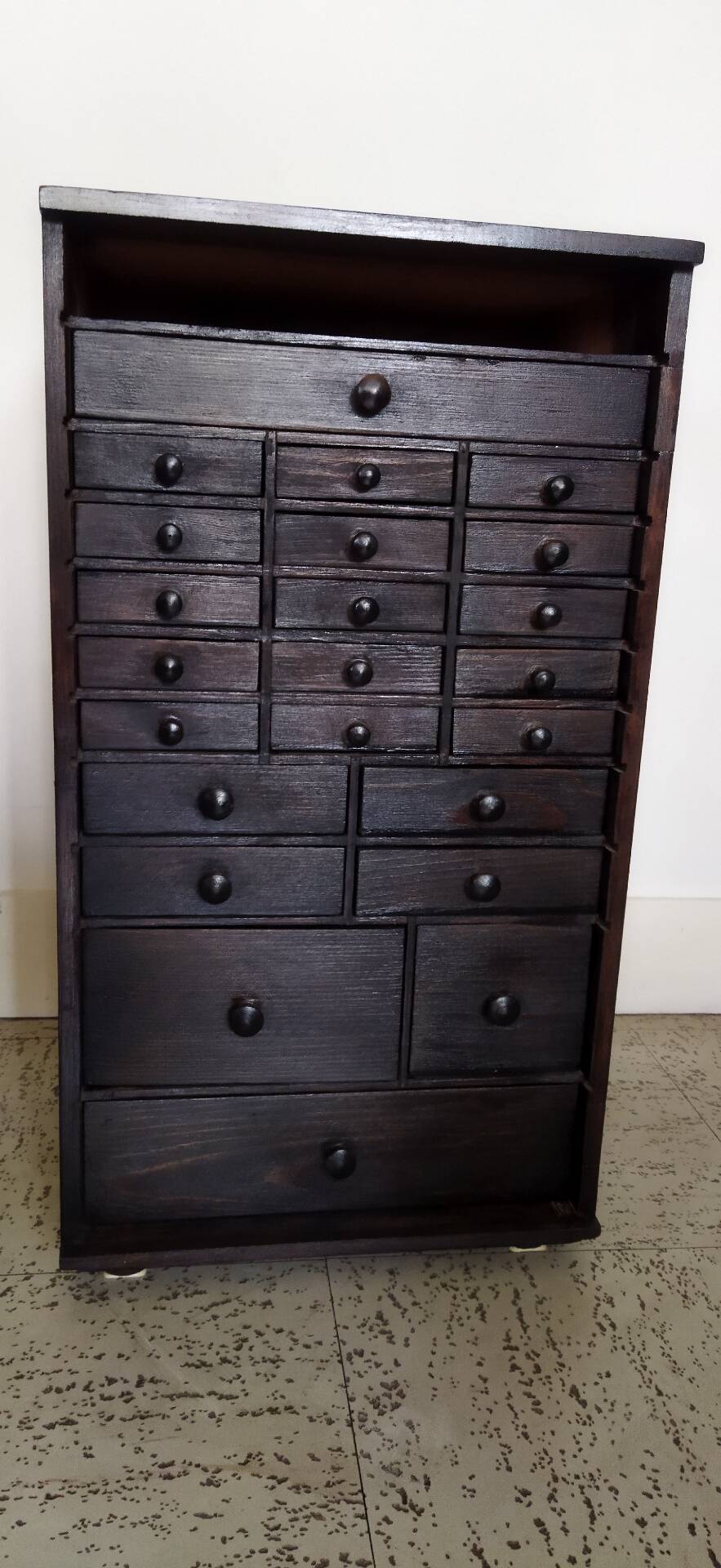 Authentic workshop furniture / Vintage watchmaker's layette in black wood