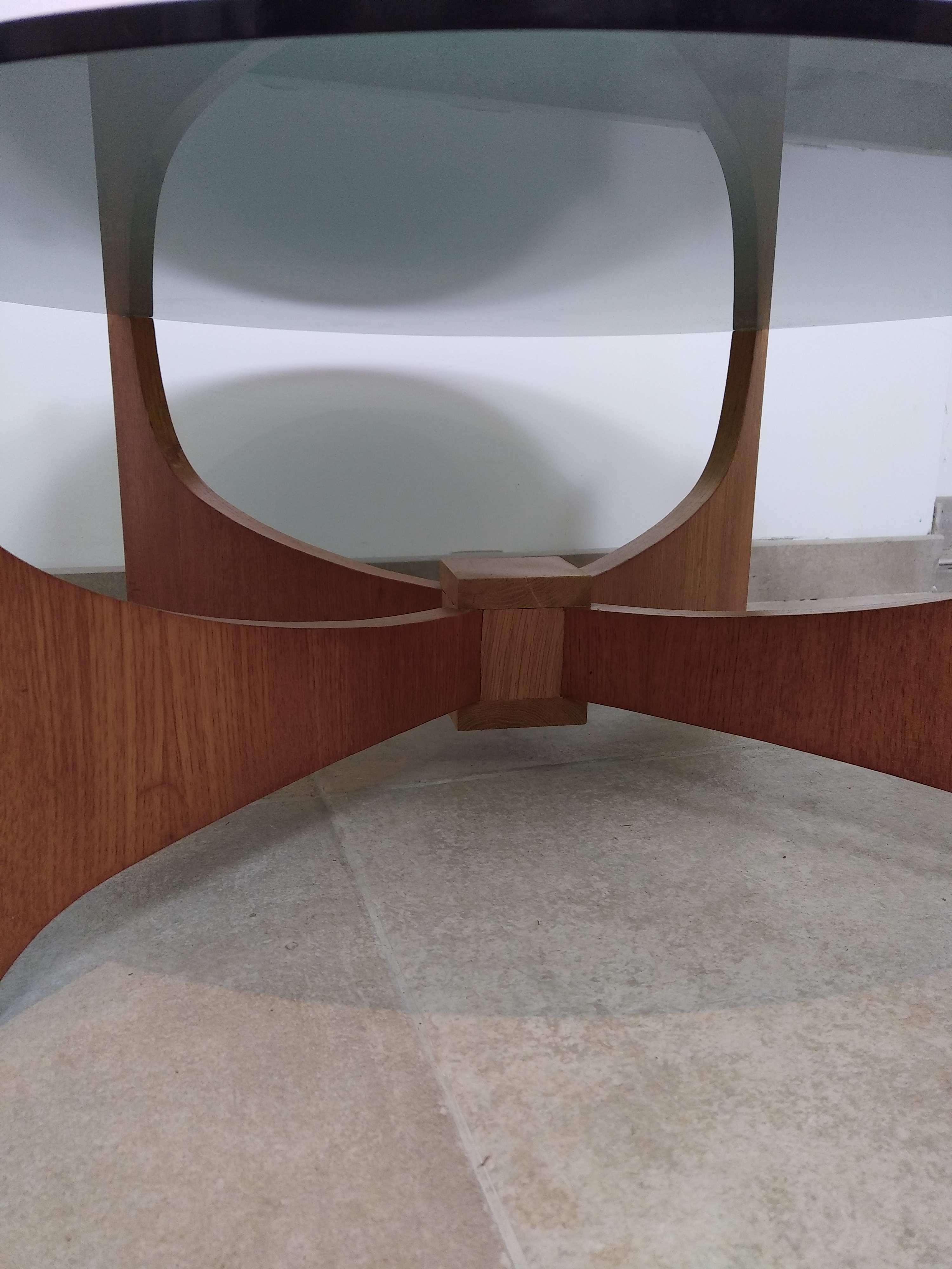 Teak round coffee table and smoked glass