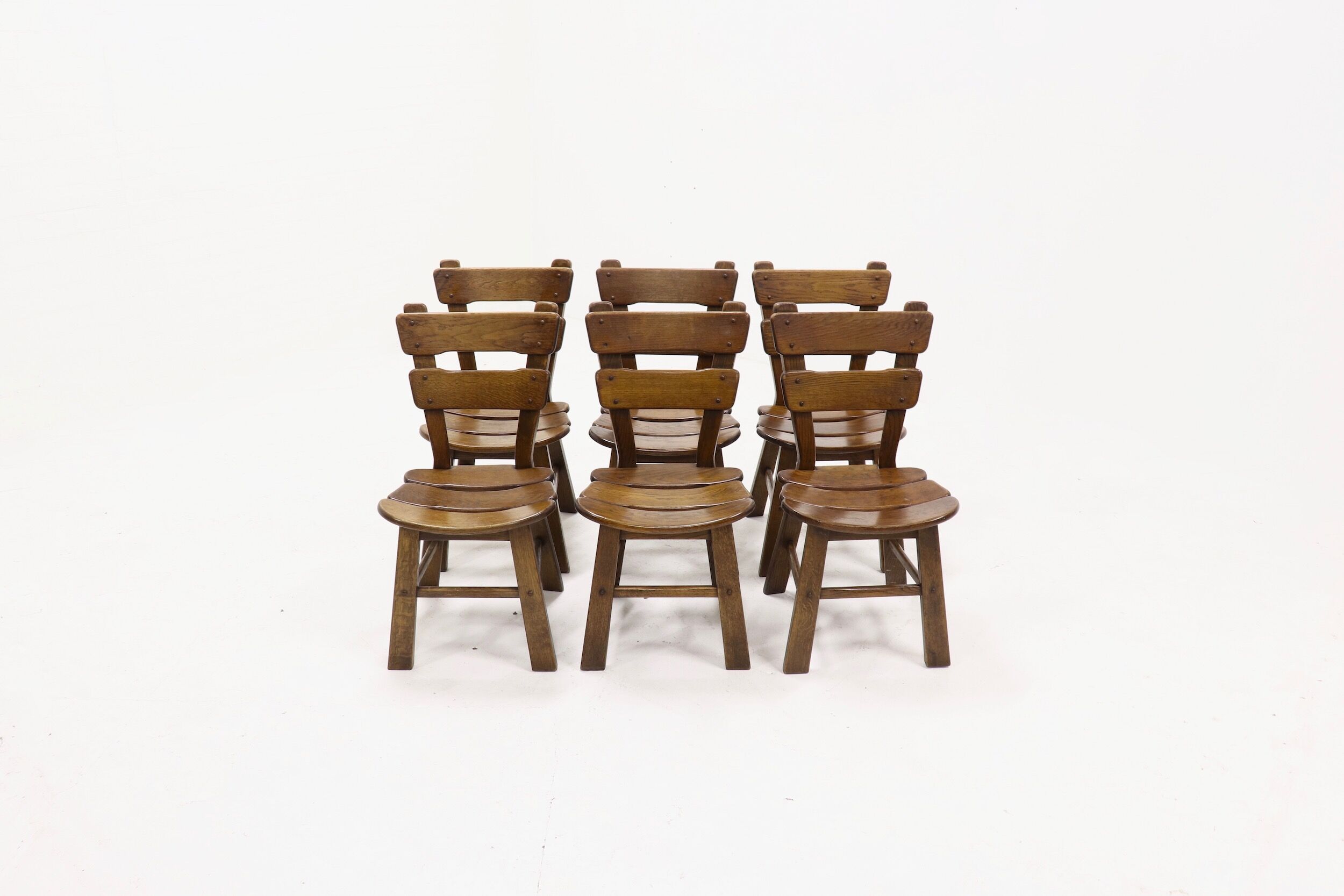 Set of 6 brutalist oak spanish dining chairs 1950