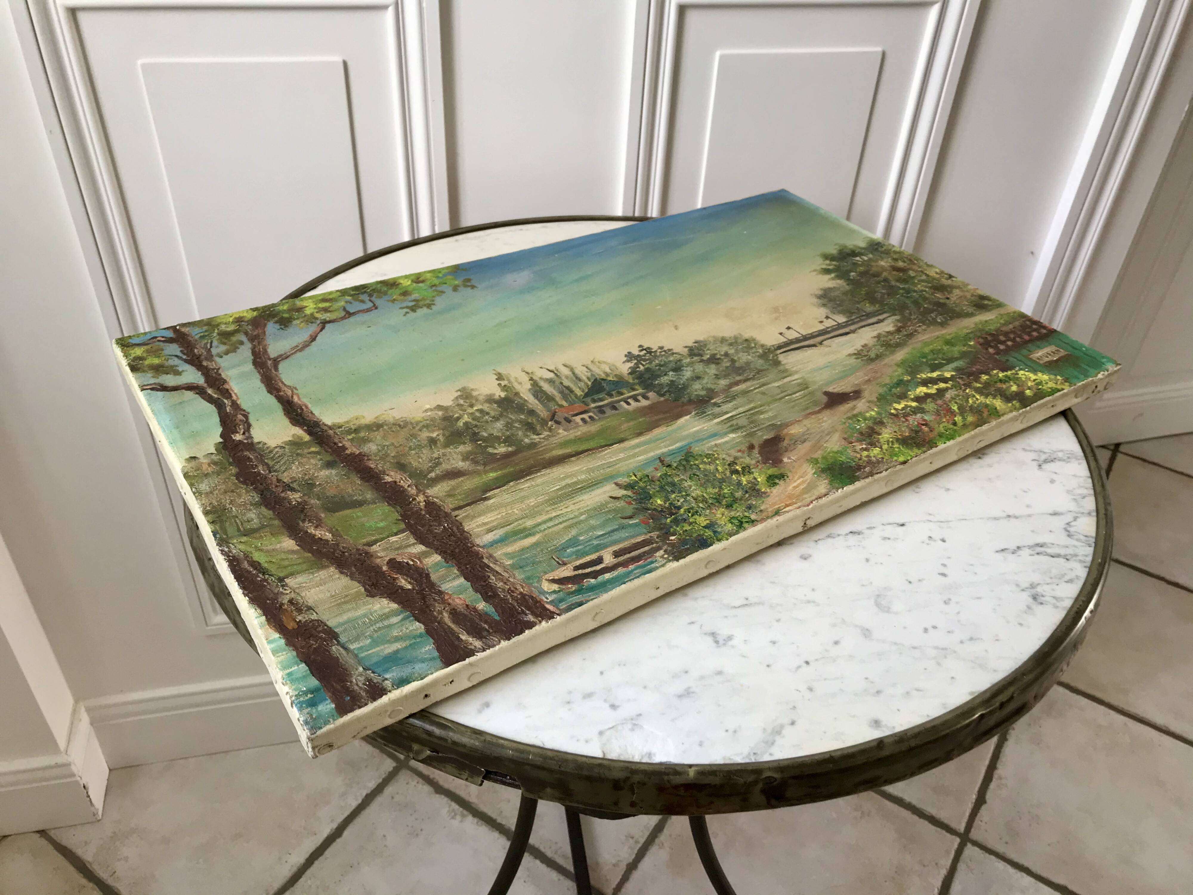 Oil painting on canvas landscape river bellerive bridge signed "morand" vinage