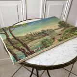 Oil painting on canvas landscape river bellerive bridge signed "morand" vinage