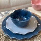 Handmade enameled ceramic bowl, pop clover flower, petrol blue