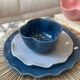 Handmade enameled ceramic bowl, pop clover flower, petrol blue