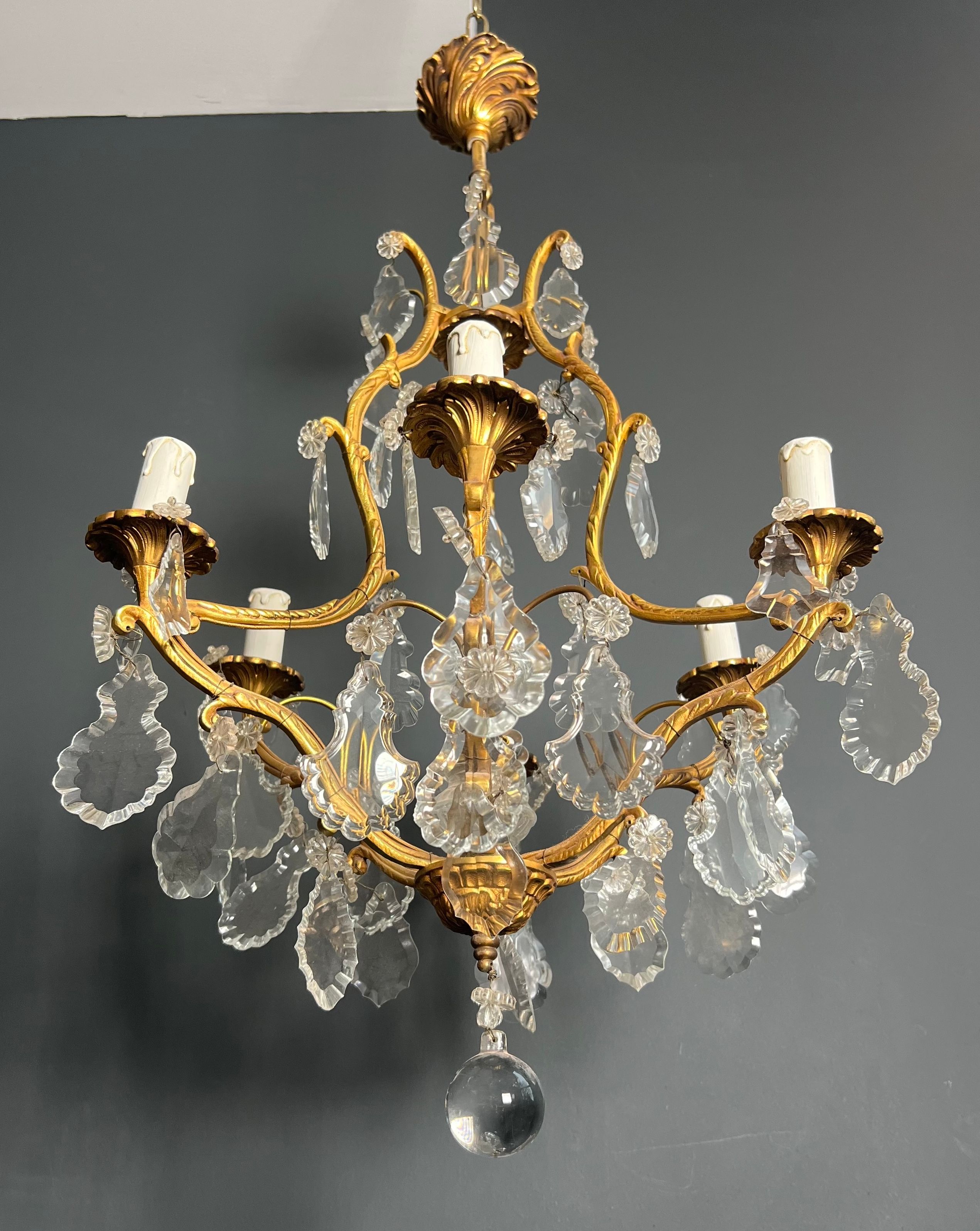 Louis XV style bronze chandelier with crystals and 6 lights