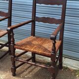 Pair of wooden and straw farmhouse armchairs