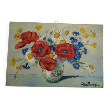 Adry BOIDIN Huile sur panneau Bouquet de fleurs Coquelicots XXe