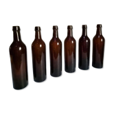 Set of 6 bottles of old Bordeaux French wine in ruby-brown glass, 19th century.