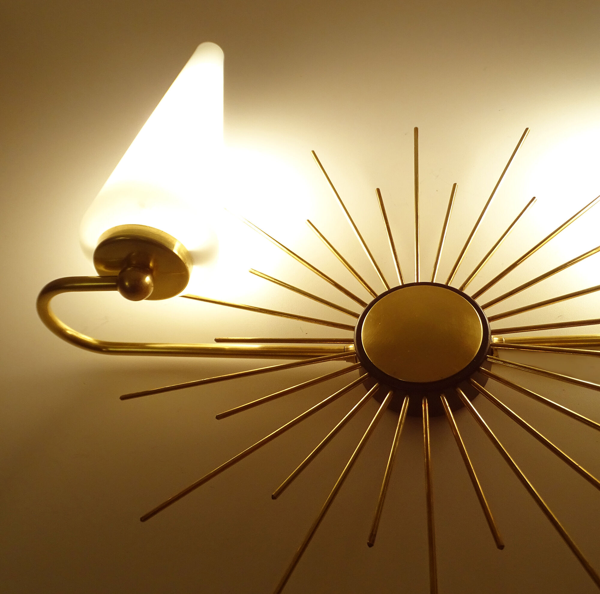 Pair of vintage sconces, sun, glass and brass, 60s