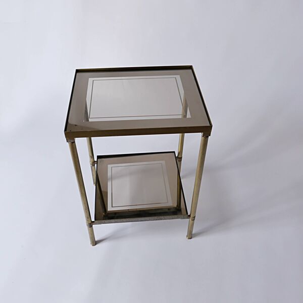 Sellette, table d'appoint en laiton et verre fumé miroir ancienne