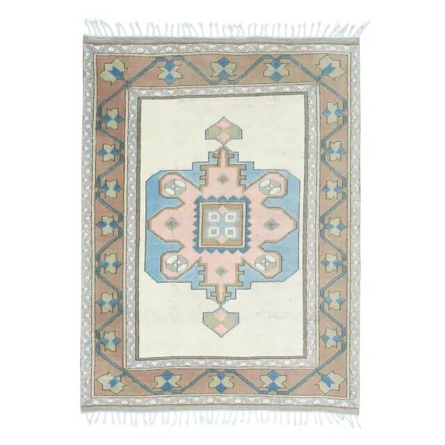 Vintage Turkish Hand-Knotted Wool Cotton Beige Area Rug 193x263