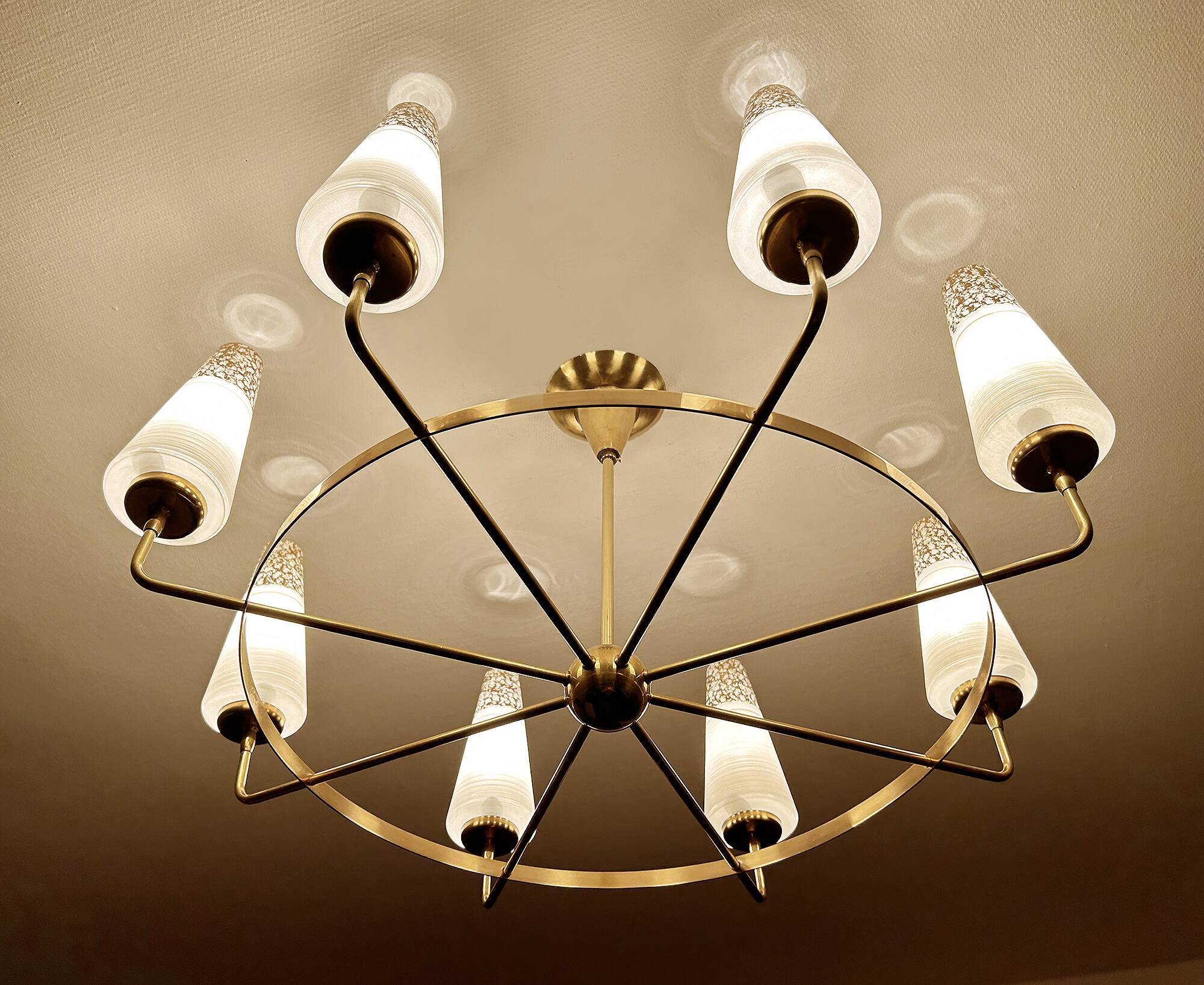 Large Vintage Italian Pendant Light, 1950s, Brass Glass
