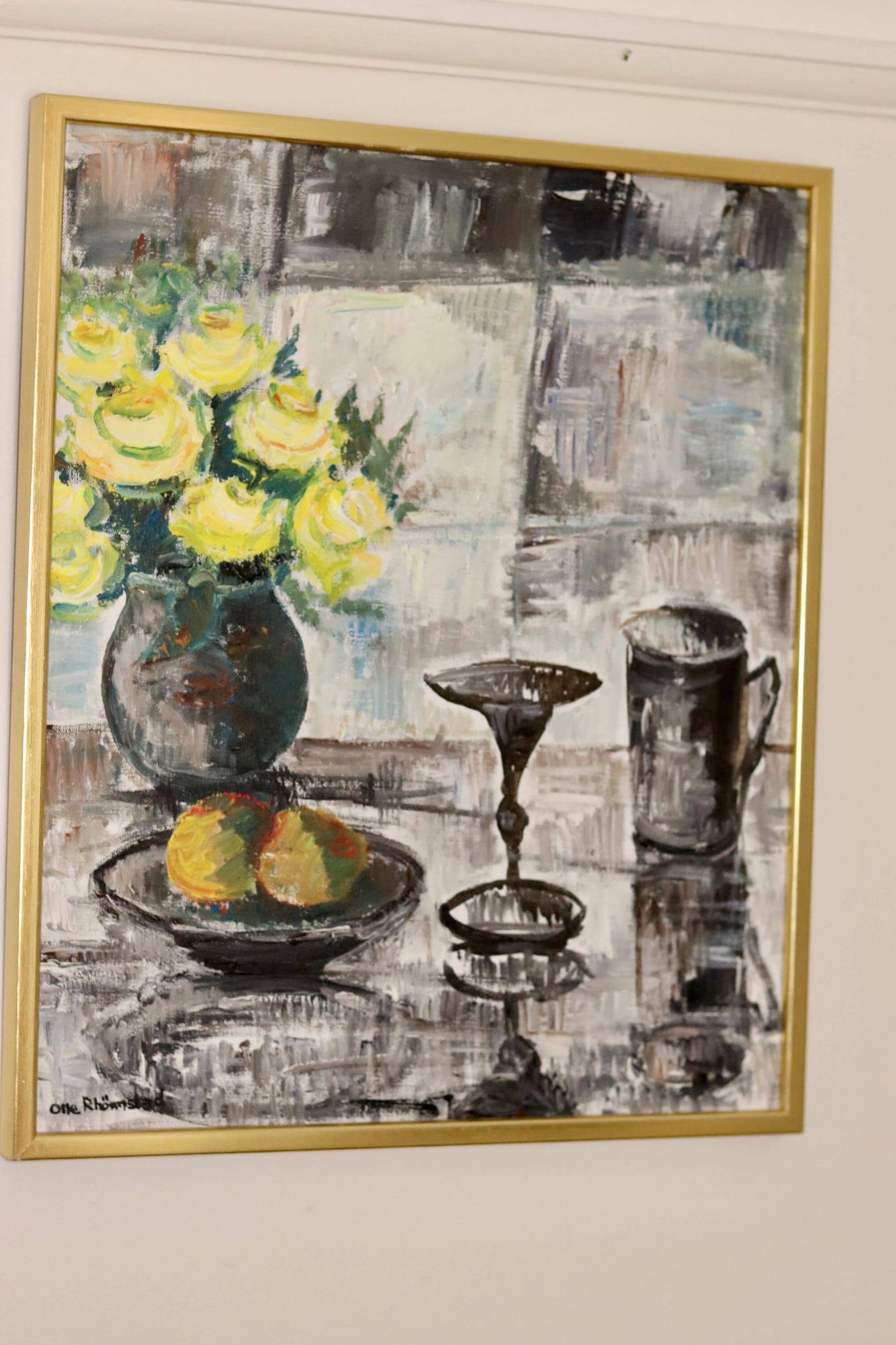 Swedish Mid-Century Oil On Canvas " Still Life with Yellow Roses and Fruit " by Olle Rhönnstrand