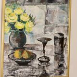 Still life with yellow roses and fruits by Olle Rhönnstrand, oil on Swedish canvas from the mid-century.