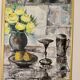 Still life with yellow roses and fruits by Olle Rhönnstrand, oil on Swedish canvas from the mid-century.