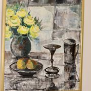 Swedish Mid-Century Oil On Canvas " Still Life with Yellow Roses and Fruit " by Olle Rhönnstrand