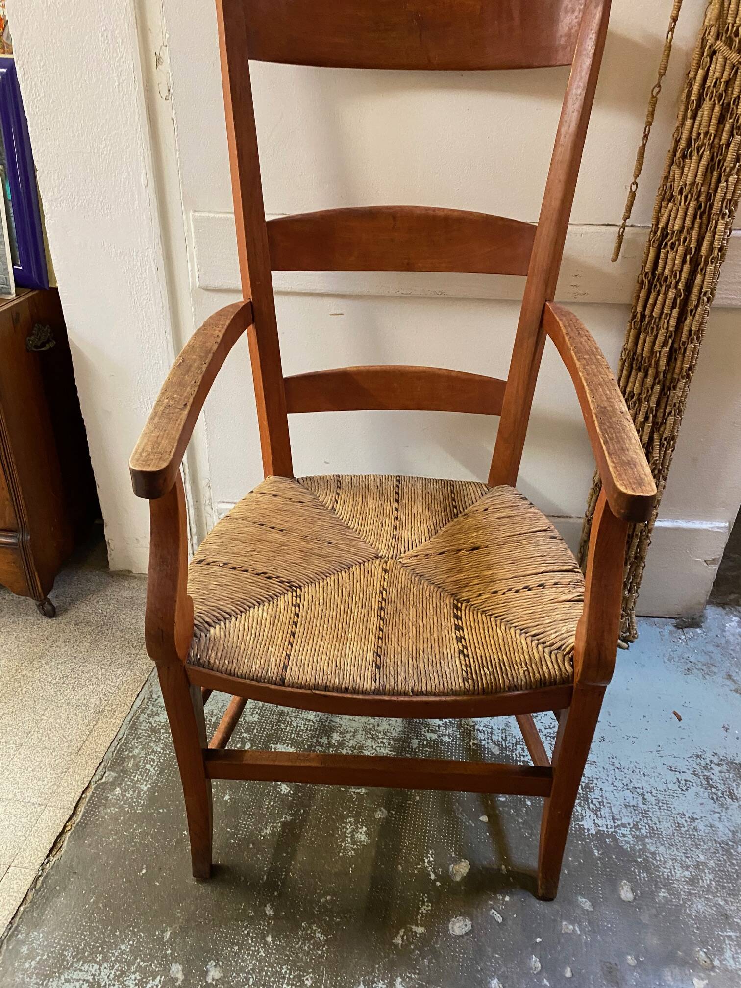 provençal armchair with dark beech armrests two-tone straw seat