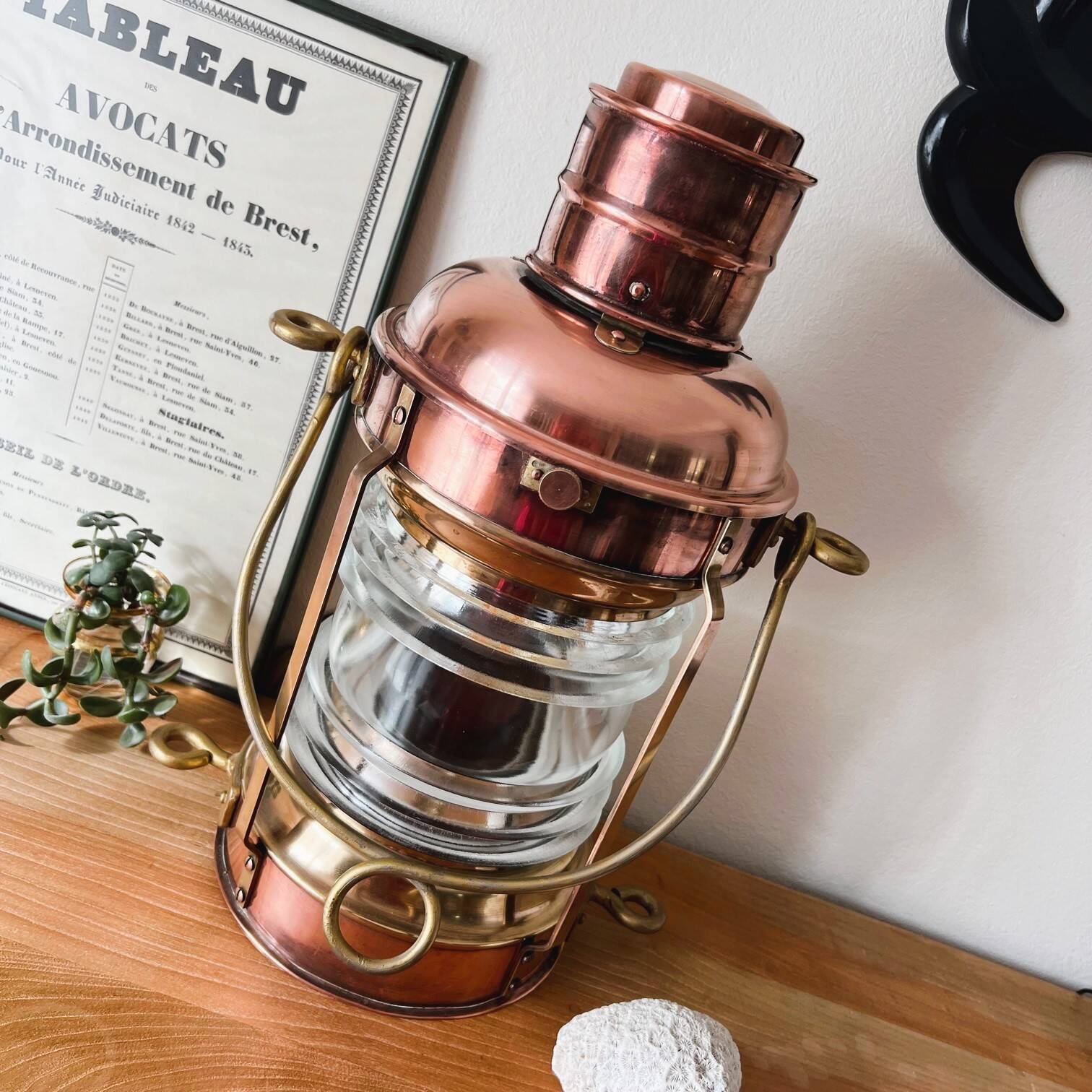 Large electrified copper and brass lamp