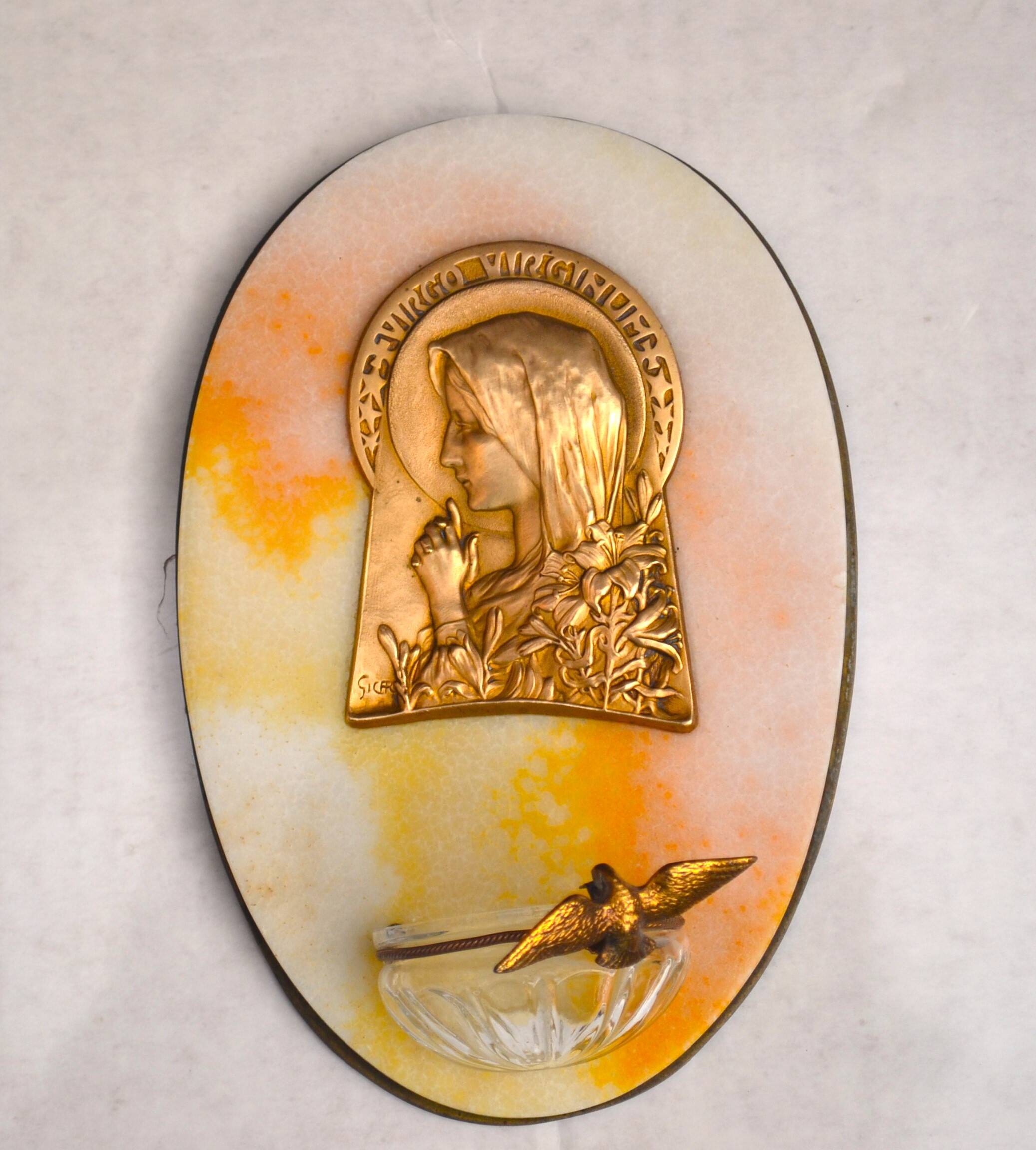 art nouveau holy water stoup Virgin