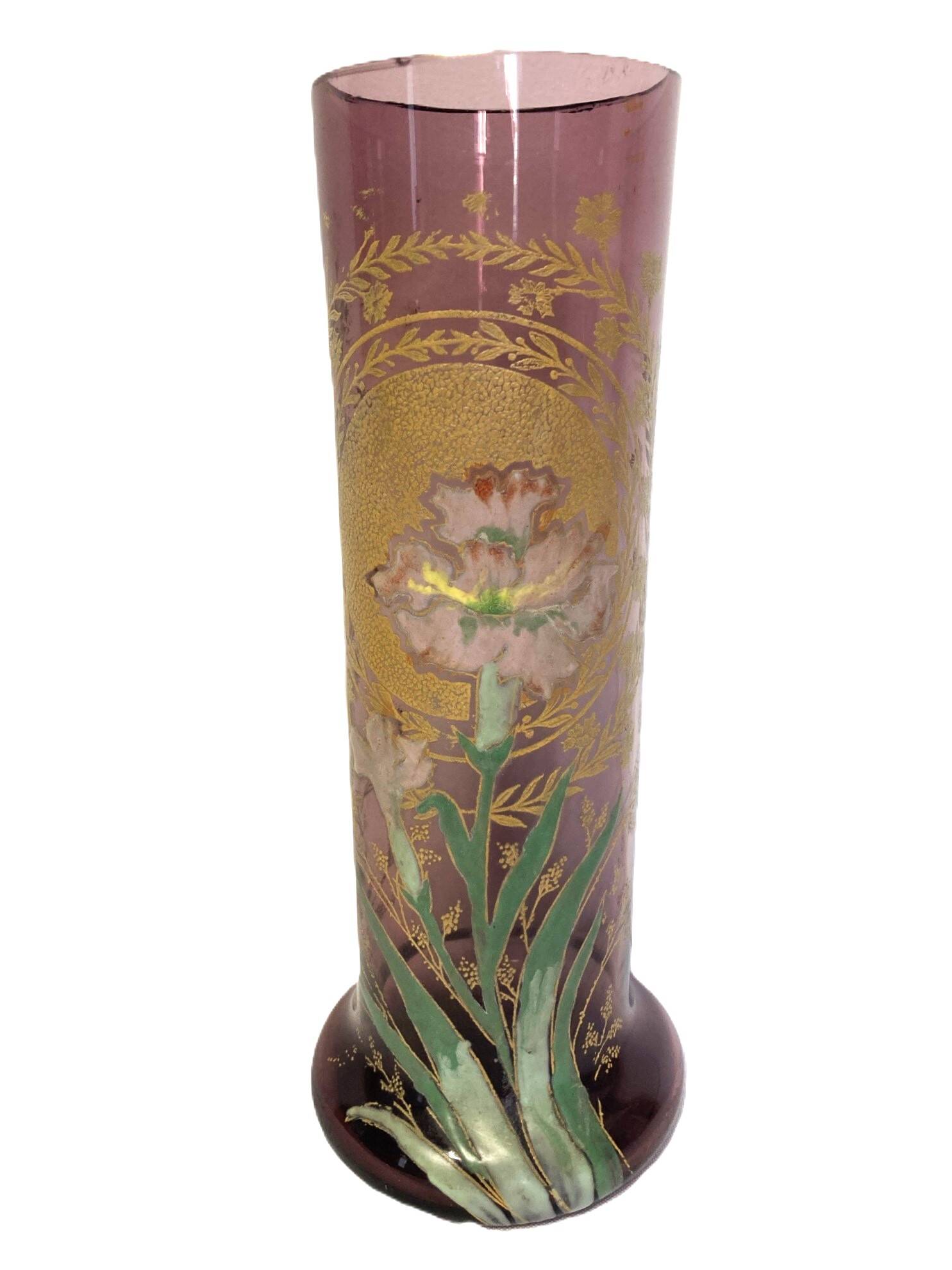 Legras Montjoye, purple enamelled glass vase with carnation circa 1900