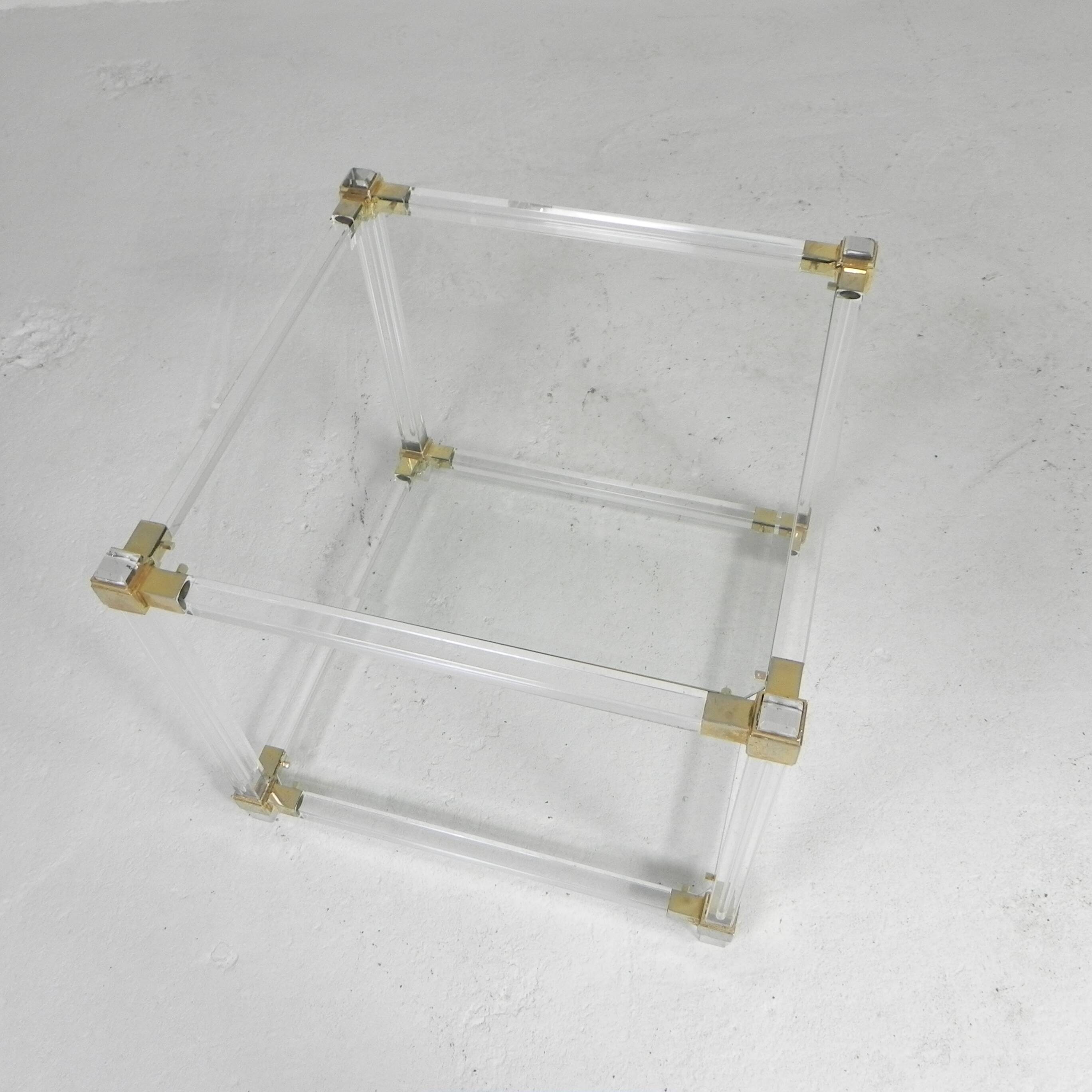 Hollywood Regency coffee table plexiglass, glass, brass, 1970s
