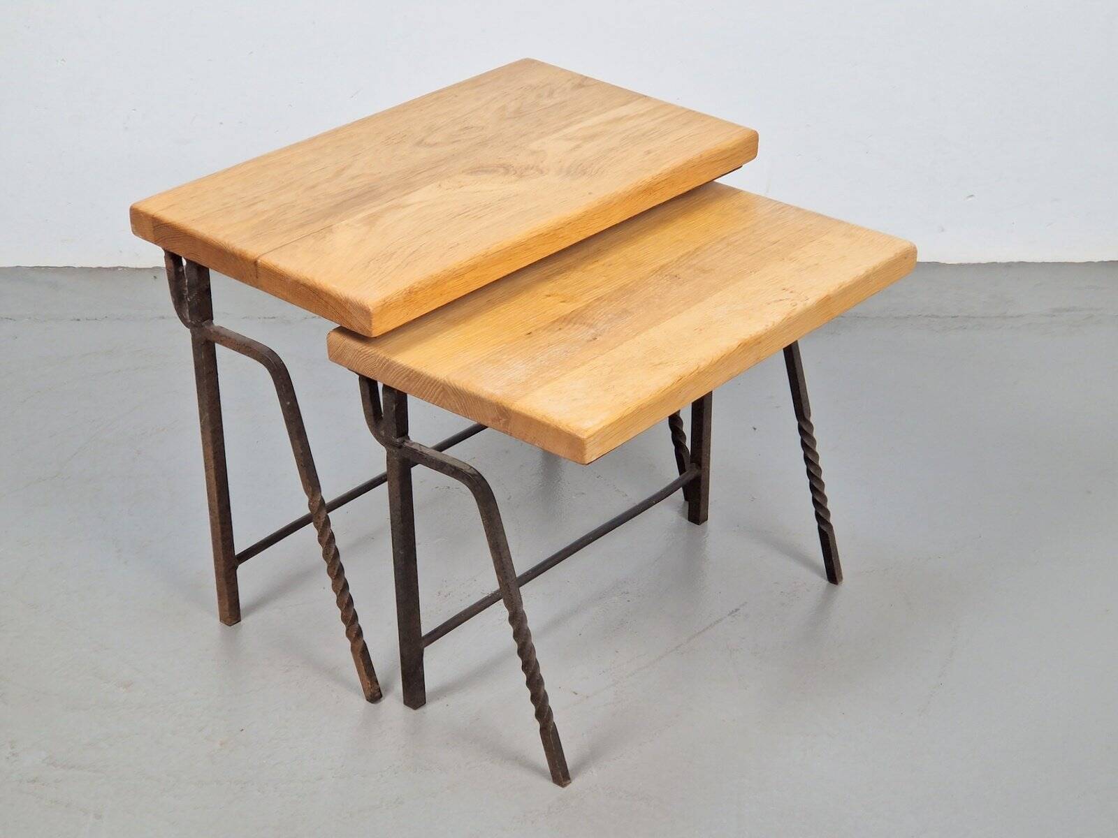 Brutalist Cast Iron and Oak Nesting Tables, 1970s, Set of 2