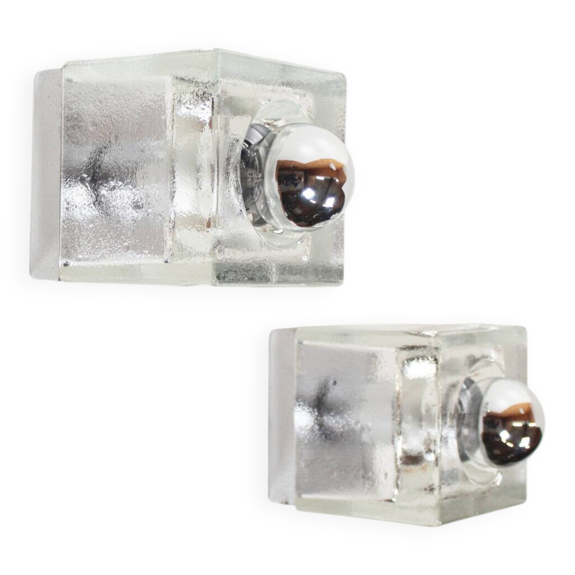 Set (2) of metal and ice glass 'cube' wall lights, Germany 1970s