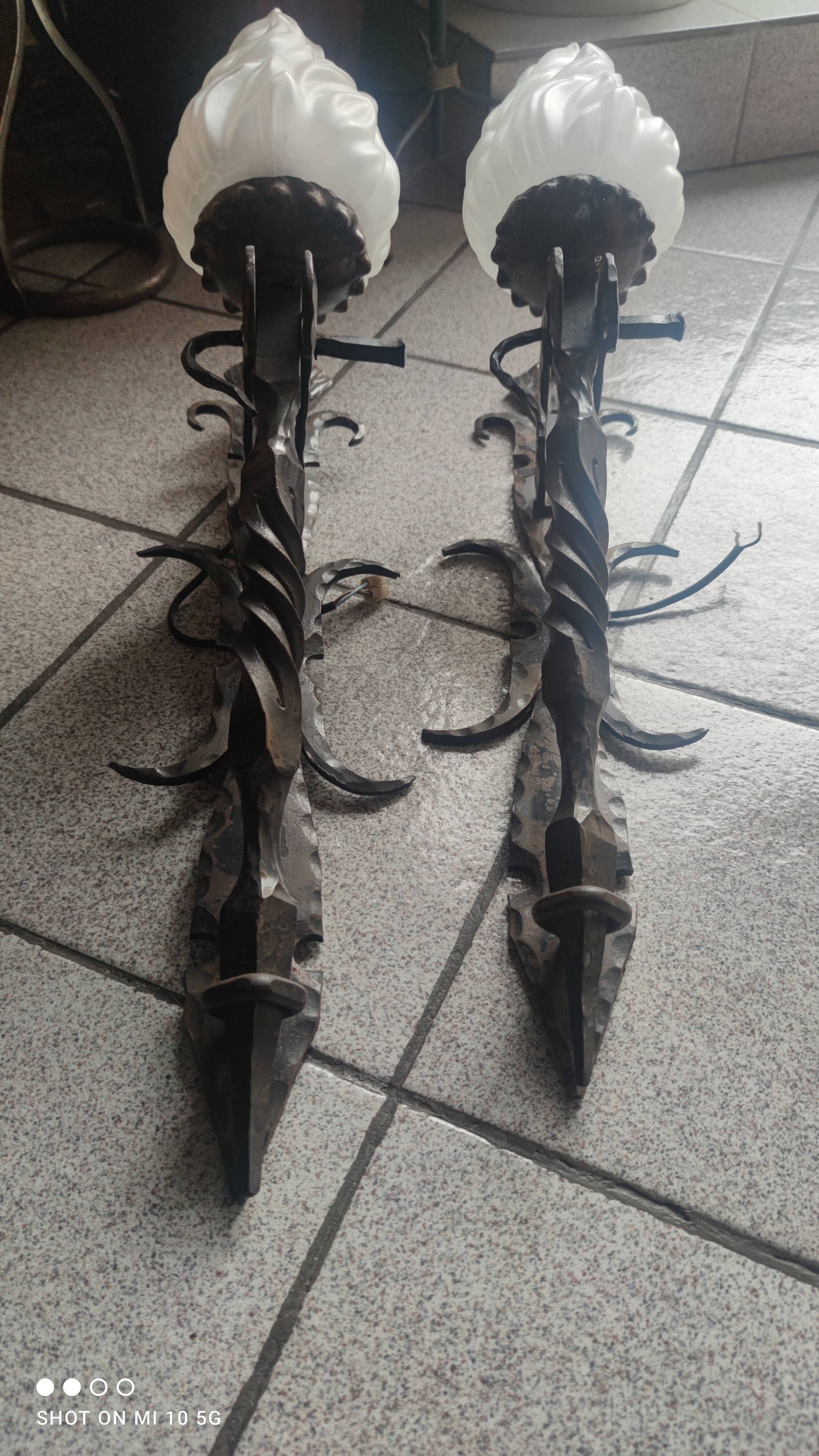 Pair of steel and glass torchieres circa 1950