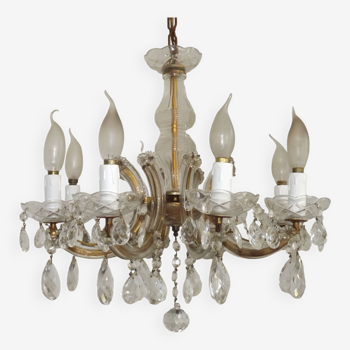 1940s Maria Theresa Brass Glass And Crystal 8 Light Chandelier 4769