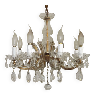 1940s Maria Theresa Brass Glass And Crystal 8 Light Chandelier 4769