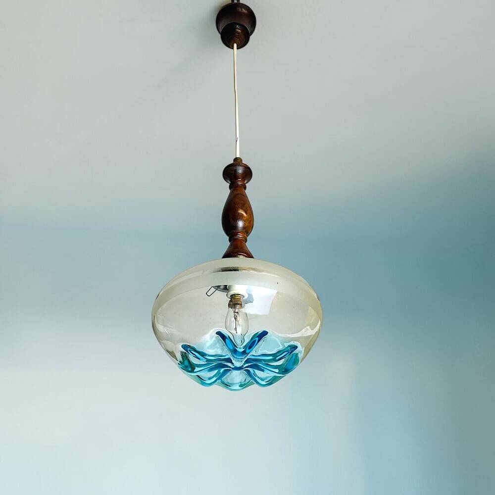 Vintage teak wood agua blue glass pendant lamp