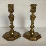 Pair of old brass polygon candlesticks