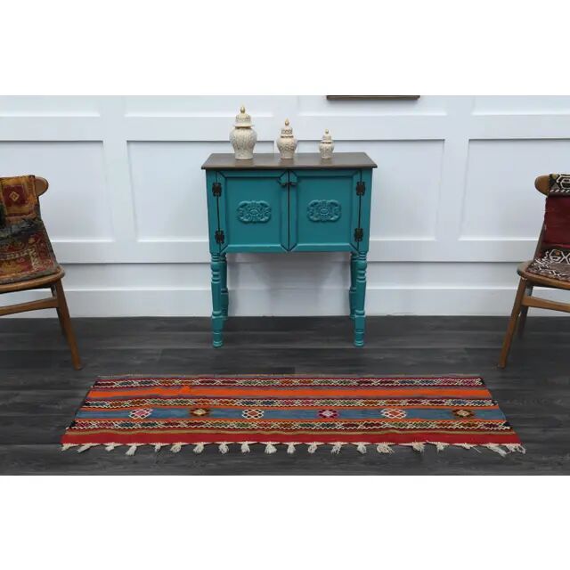 Vintage Turkish Oushak Handmade Wool Cotton Red Runner Rug 53x171