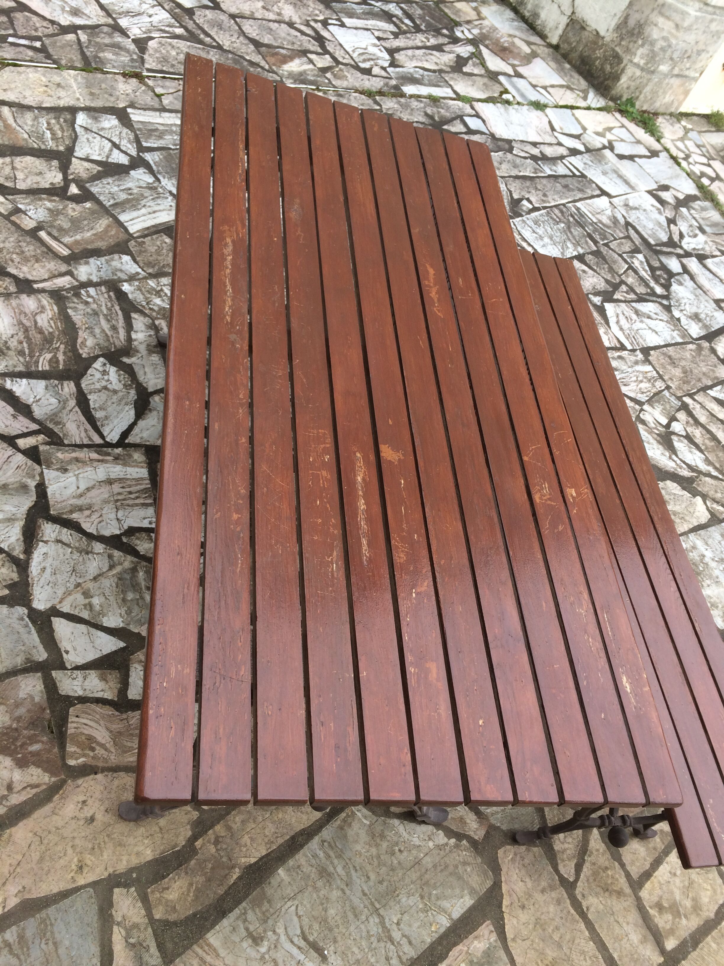 Garden lounge table and 2 cast iron and oak benches