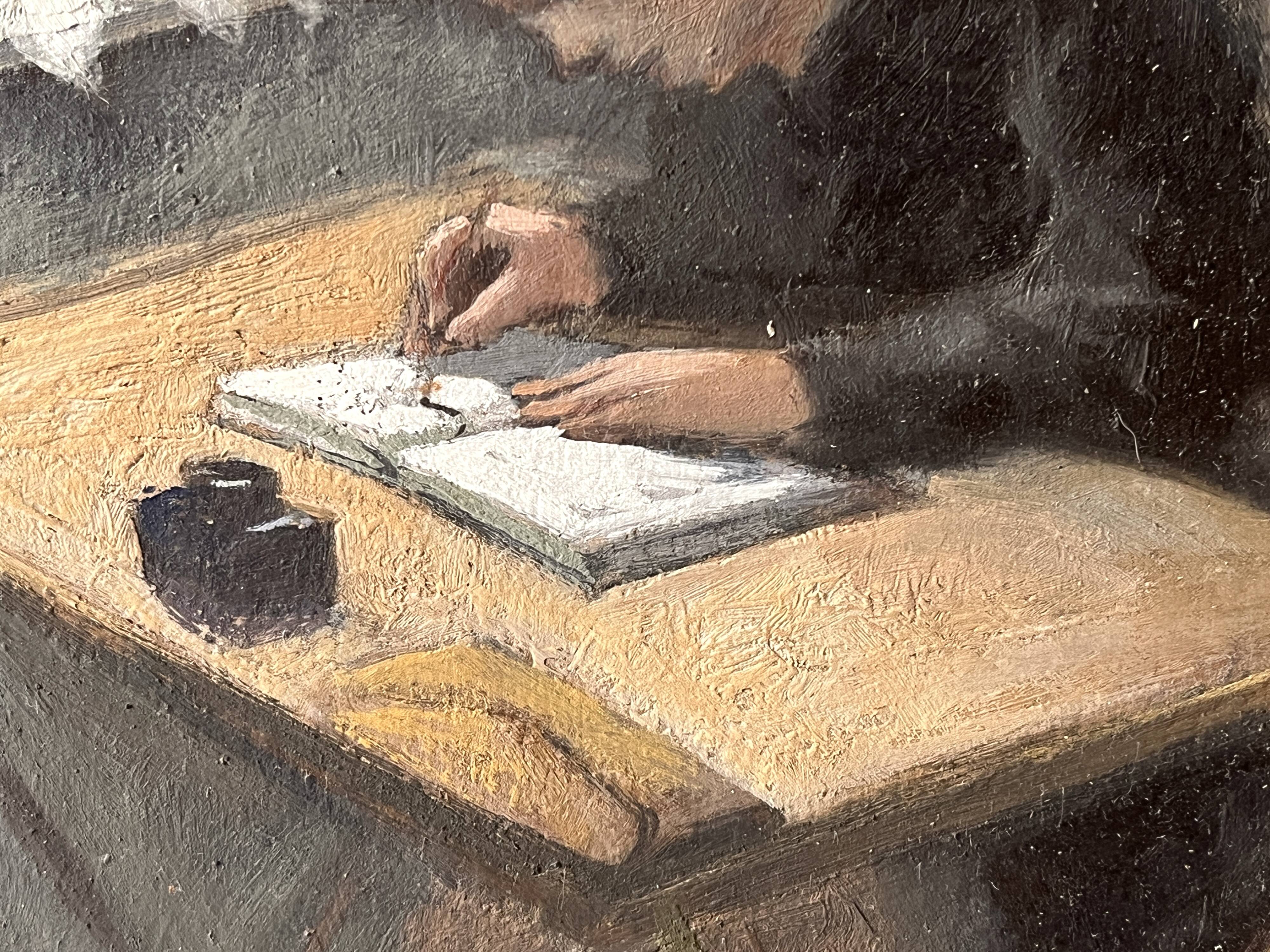 Oil painting of an interior scene 1940, portrait of children signed