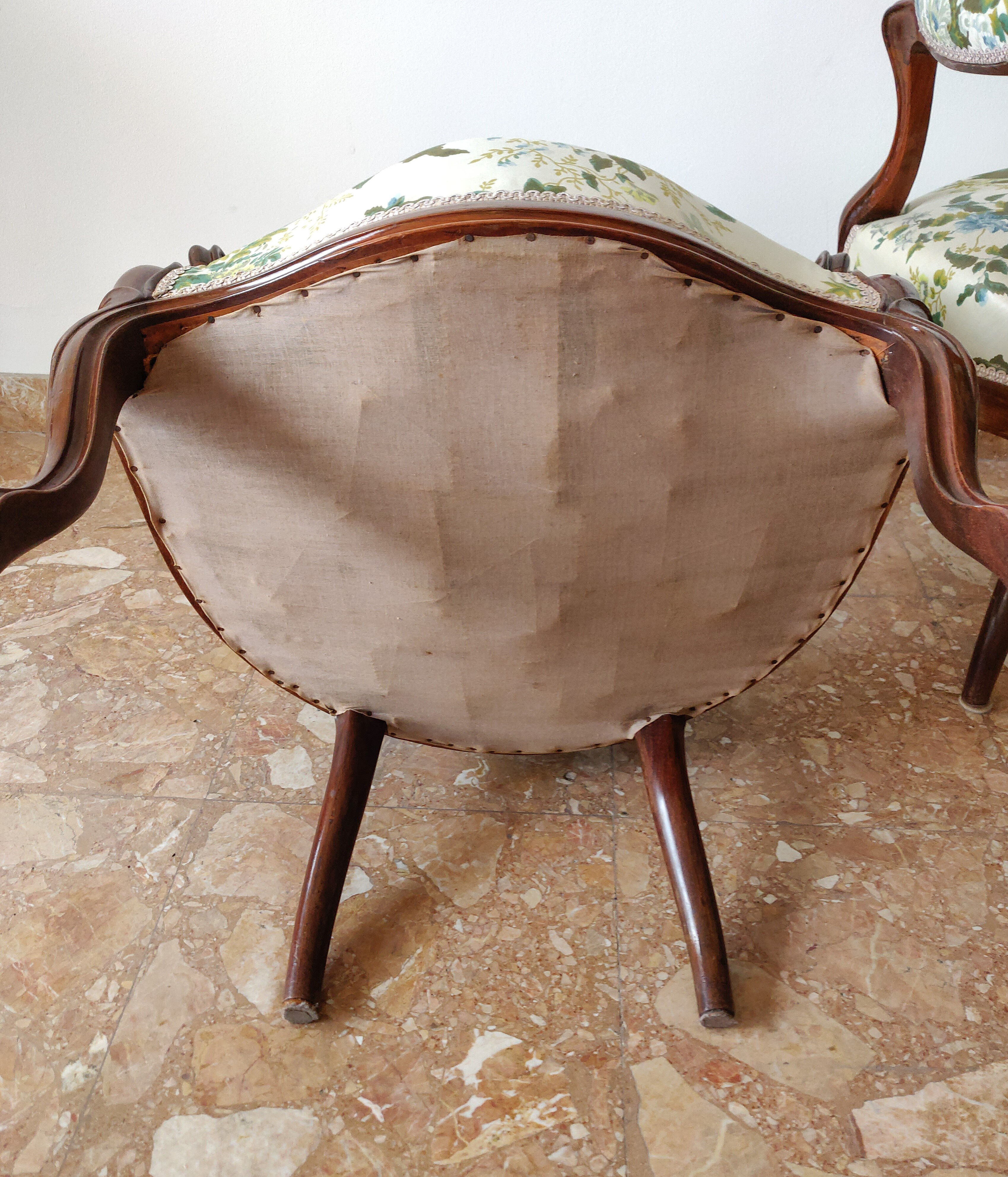 Pair armchairs Louis Philippe solid floral mahogany