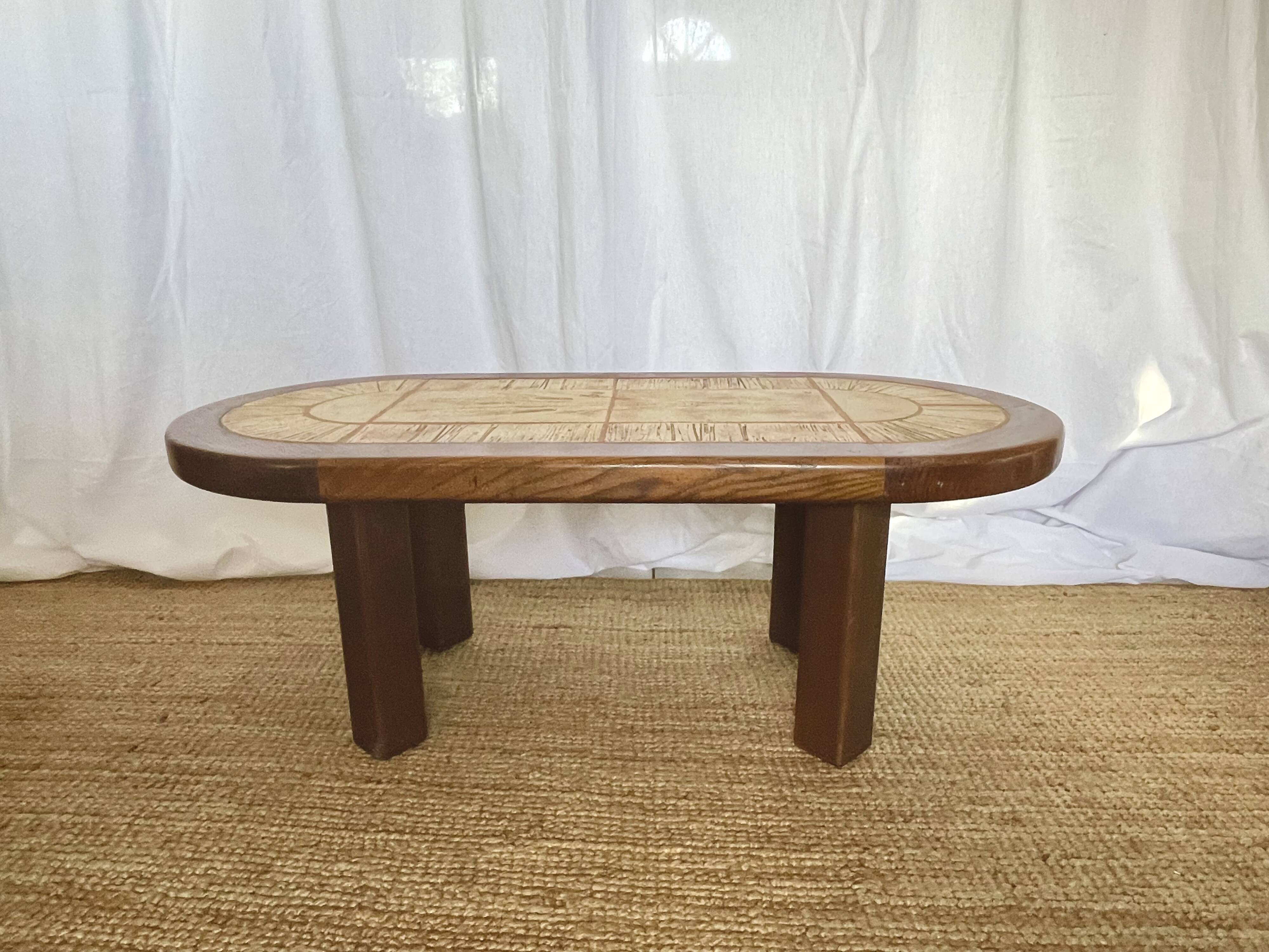 Ceramic and solid wood herbarium coffee table, signed