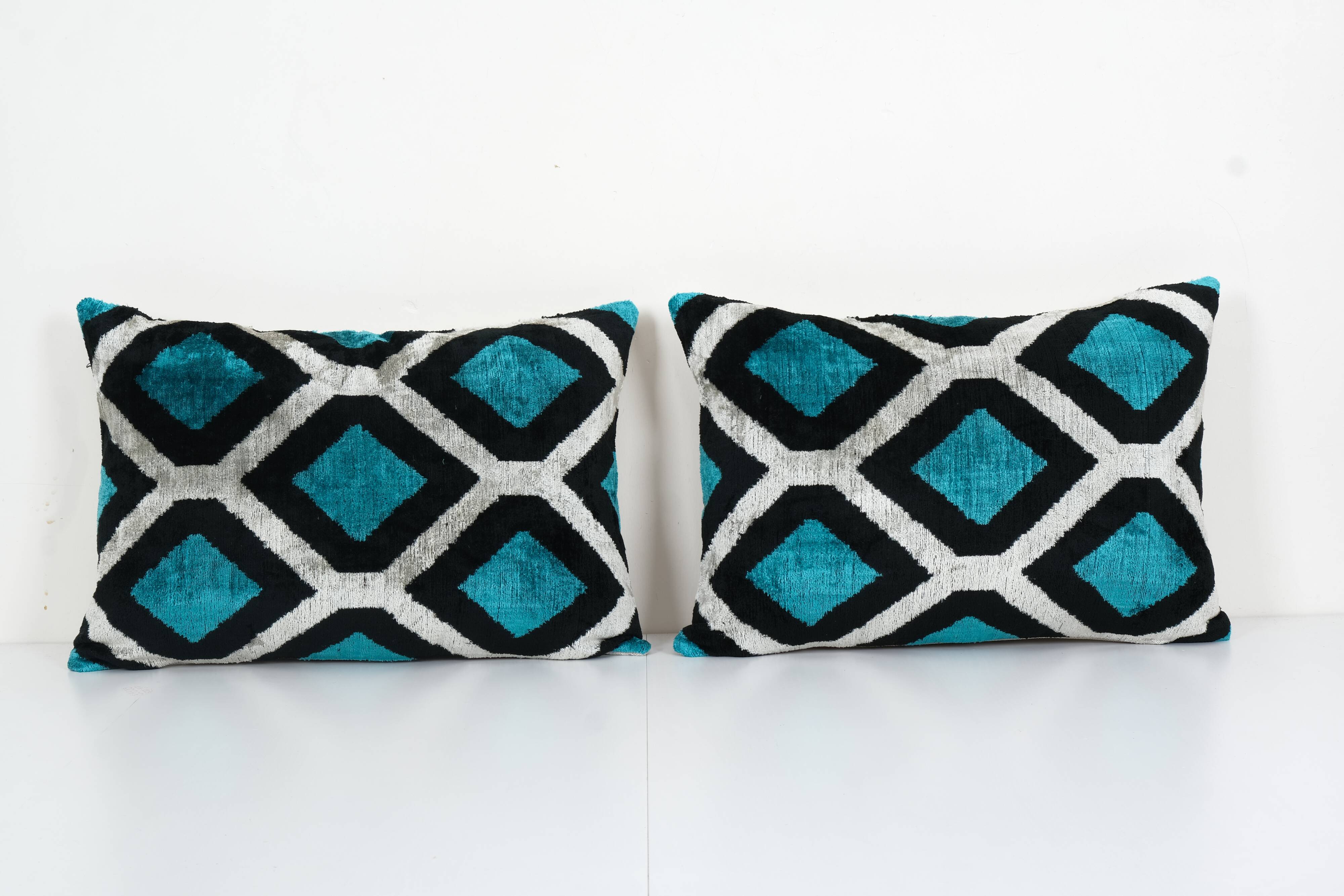 Blue silk ikat velvet pillow covers