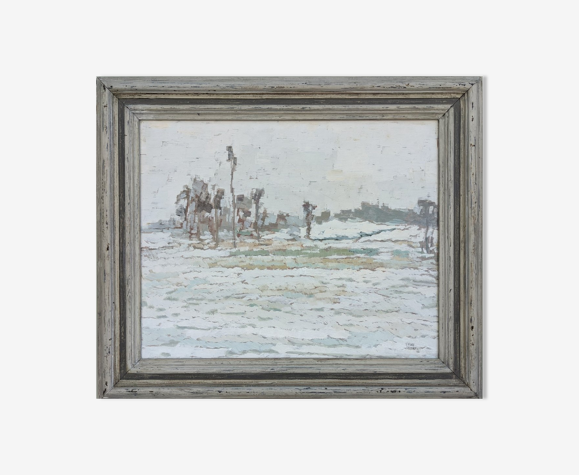 Peinture à l’huile encadrée vintage du milieu du siècle - frost