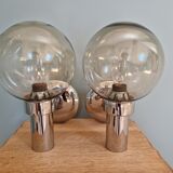 Pair of vintage wall lights in chromed metal and smoked glass, 70s