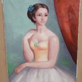 Tableau Huile Ancien Portrait Jeune Femme 20ème Siècle
