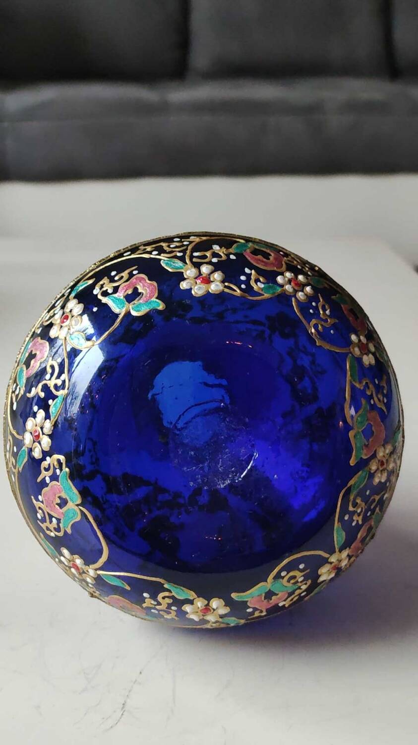 Cobalt blue ball vase/Hand painted floral motifs & raised gold edging