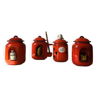 Set of 4 red glazed ceramic kitchen jars: coffee pot, garlic, fari