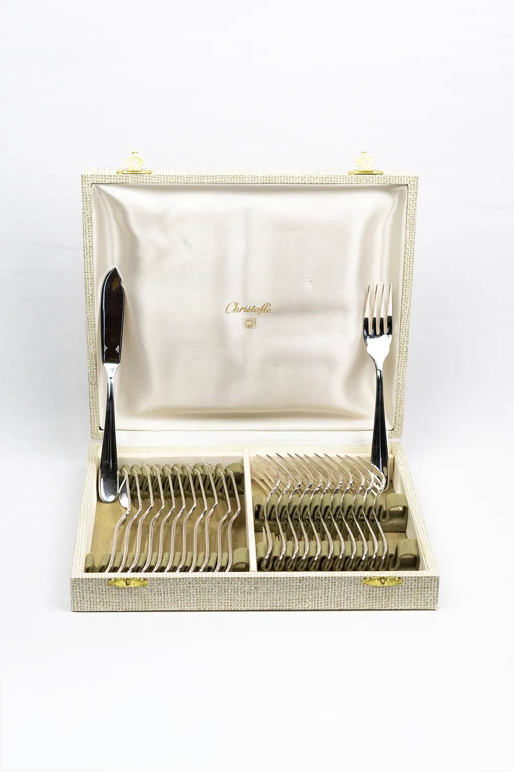 Christofle fish service for 12 — silver-plated metal, OC hallmarks, box