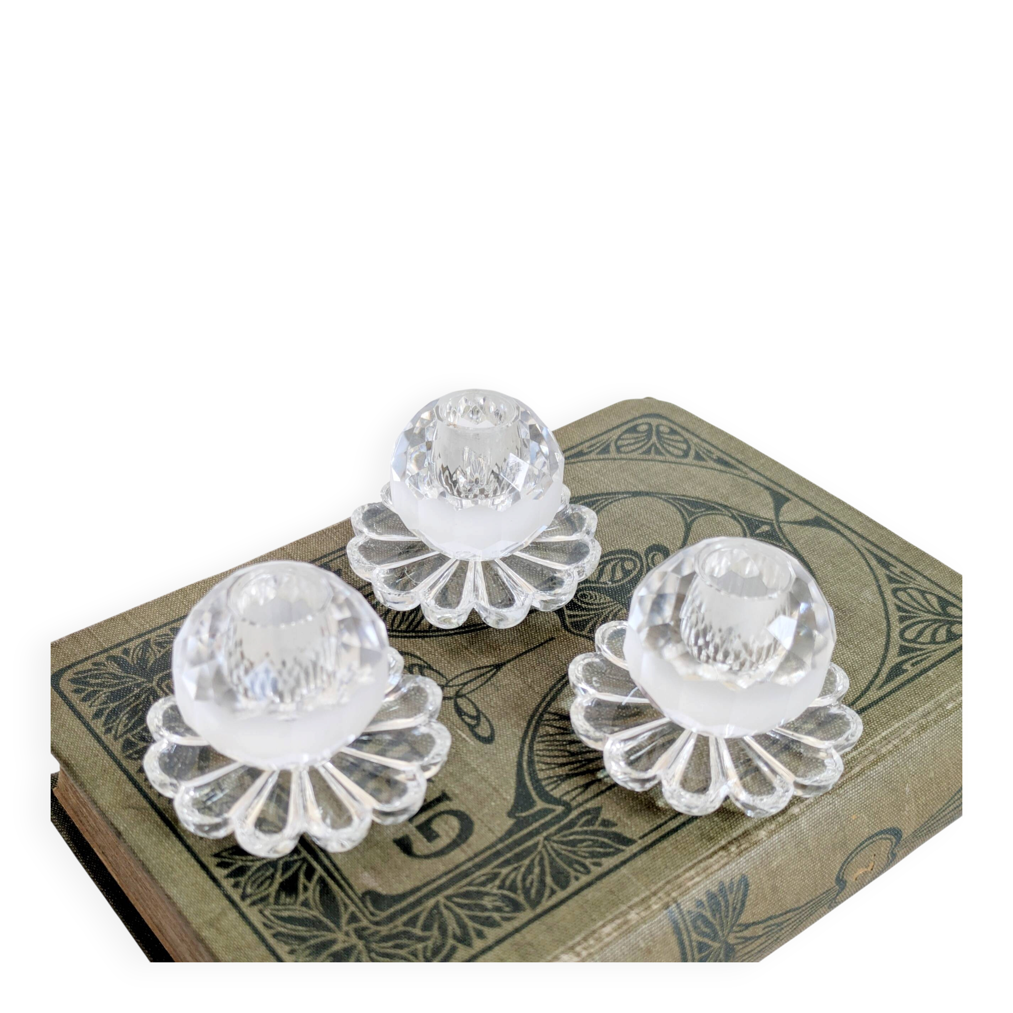 Lot of 3 vintage faceted crystal candle holders with flower base for slim candles.