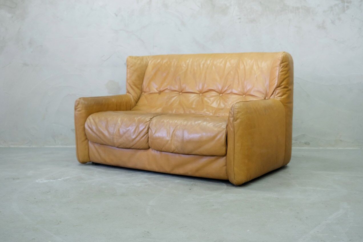 Brutalistic italian leather living room set, 1970, set of 2