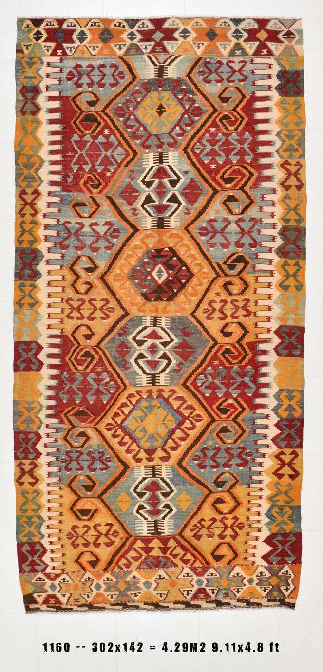 5x10 Red & Orange Geometric Vintage Kilim Rug,142x302Cm