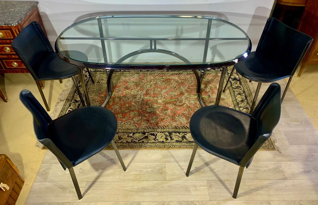 Glass and chrome steel table, design italy 1960